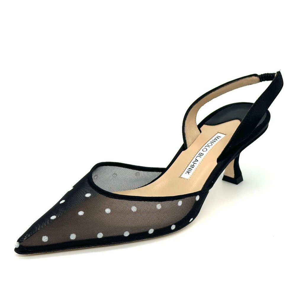 Manolo Blahnik CAROLYNE Polka Dot Mesh Satin Slingback Pumps Sandals Heels - Picture 5 of 16